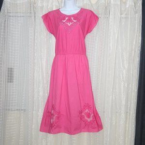 Pink A-Line 100% Cotton Dress W/ Eyelet Lace Applique & Mesh Inlay SzM